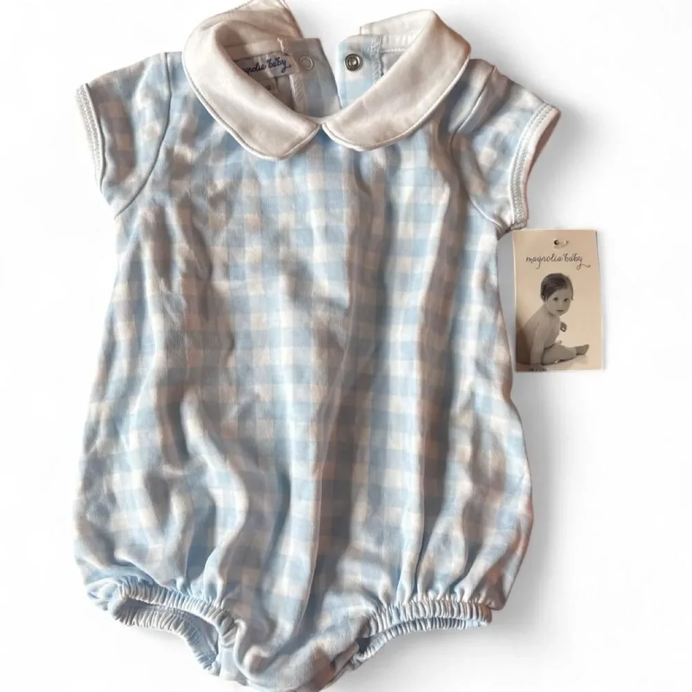 Magnolia Baby Blue White Gingham Romper 6 Months NWT Peter Pan Collar